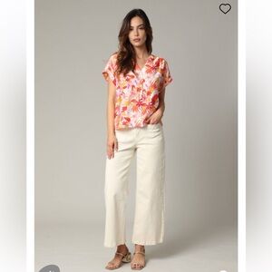 NWT Tahari 100% Linen Blouse Floral Pink Orange White size Medium